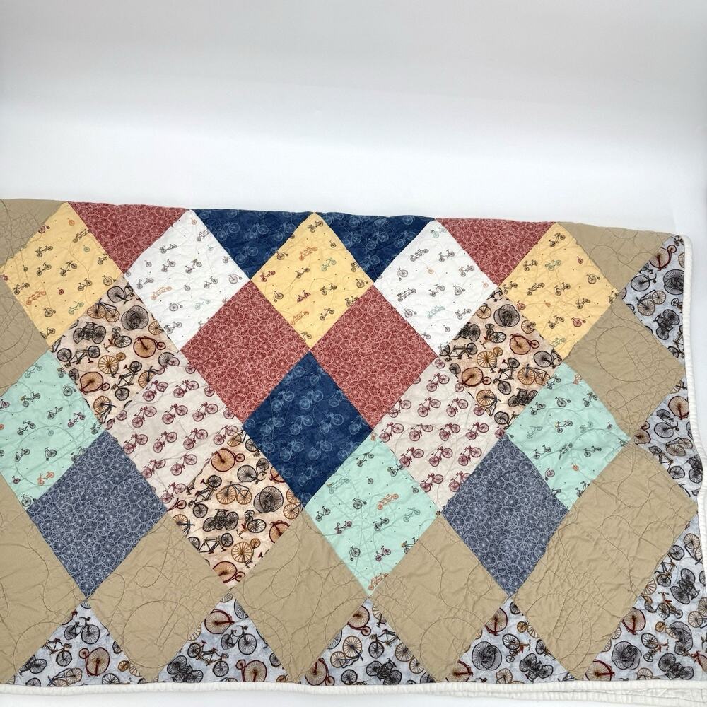 Handmade Throw Lap Quilt 54”x 45” Country Charm Diamond Patch Bicycle Themed - Picture 4 of 8